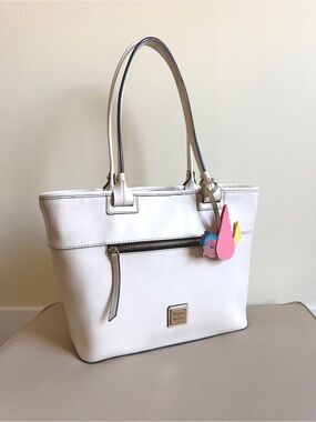 Dooney & Bourke Bucket Leather white Tote with Colorful Bird Charm